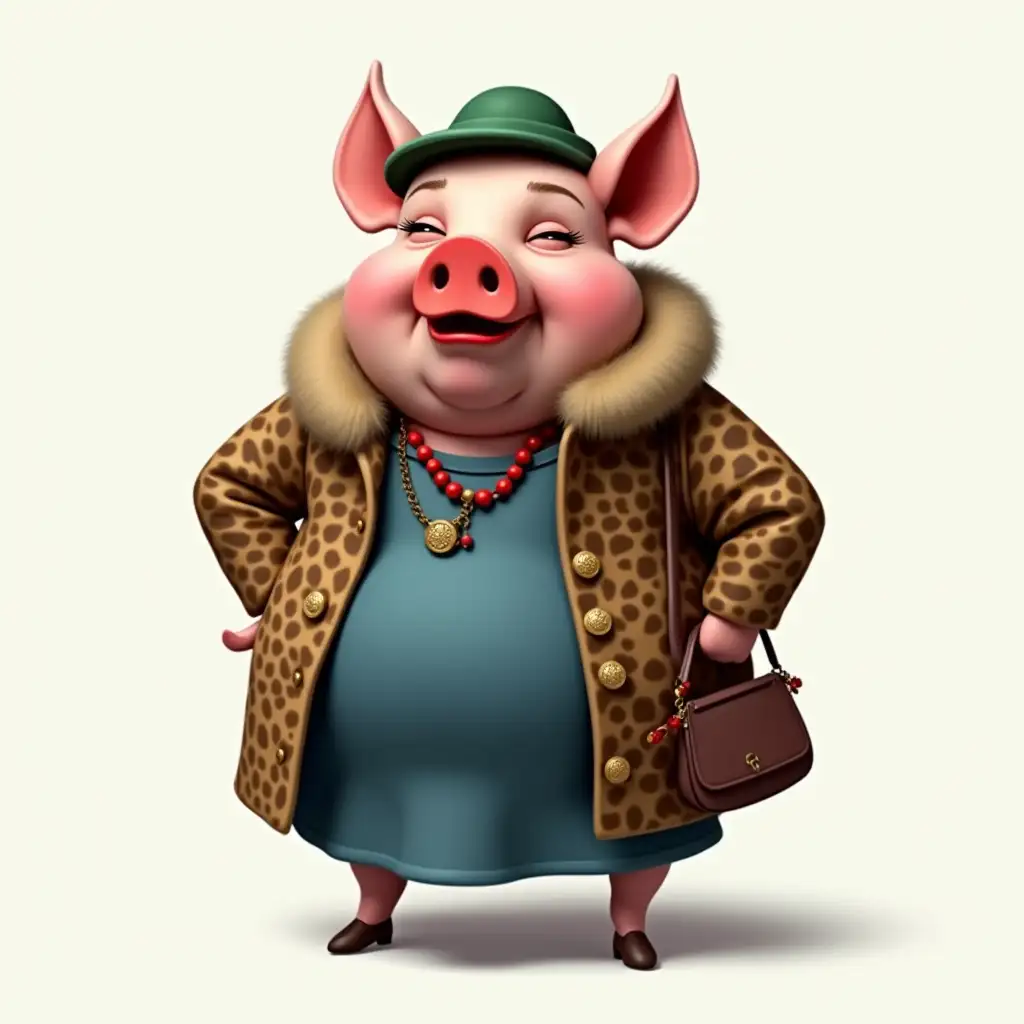 fat pig, cheeks hanging down, two chins, head up, heel up, muzzle haughty and not satisfied, corners of lips down, lips painted with red lipstick. She is standing in an upright position, wearing a leopard coat, collar of fox fur, one arm bent at the elbow, on it hangs a lady's purse of brown color. the coat is fastened with two gold buttons, a dress of blue color peeks out from under the coat, a small green lady's hat in the style of a panama is put on her head, on her neck beads of red color, eyes closed, long painted eyelashes. Standing on one leg, the other leg is bent at the knee. no shoes only hooves. realistic image, bright colors, clear picture, humorous style, parody of a person, caricature, cartoon image technique cotton toy