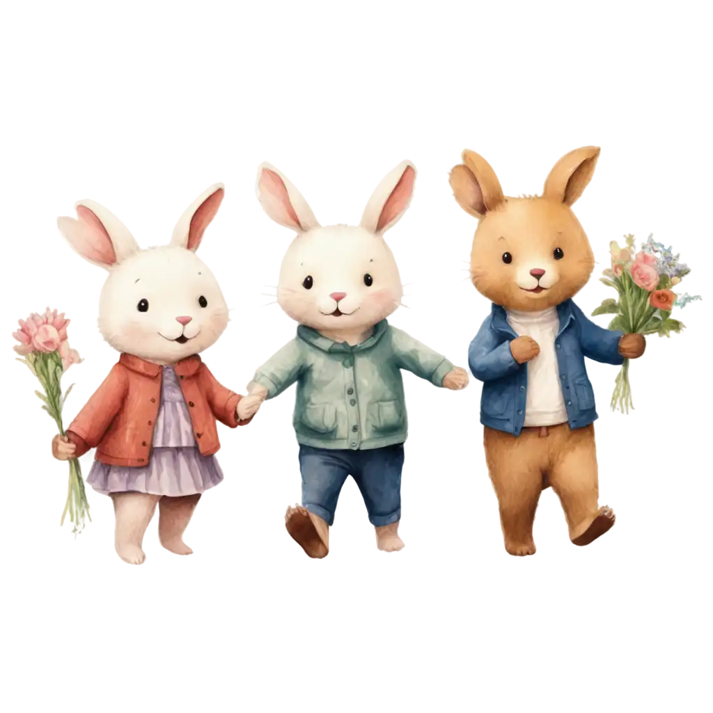 Cartoon-Rabbit-and-Bear-PNG-Image-Joyful-Return-Home-with-Flowers