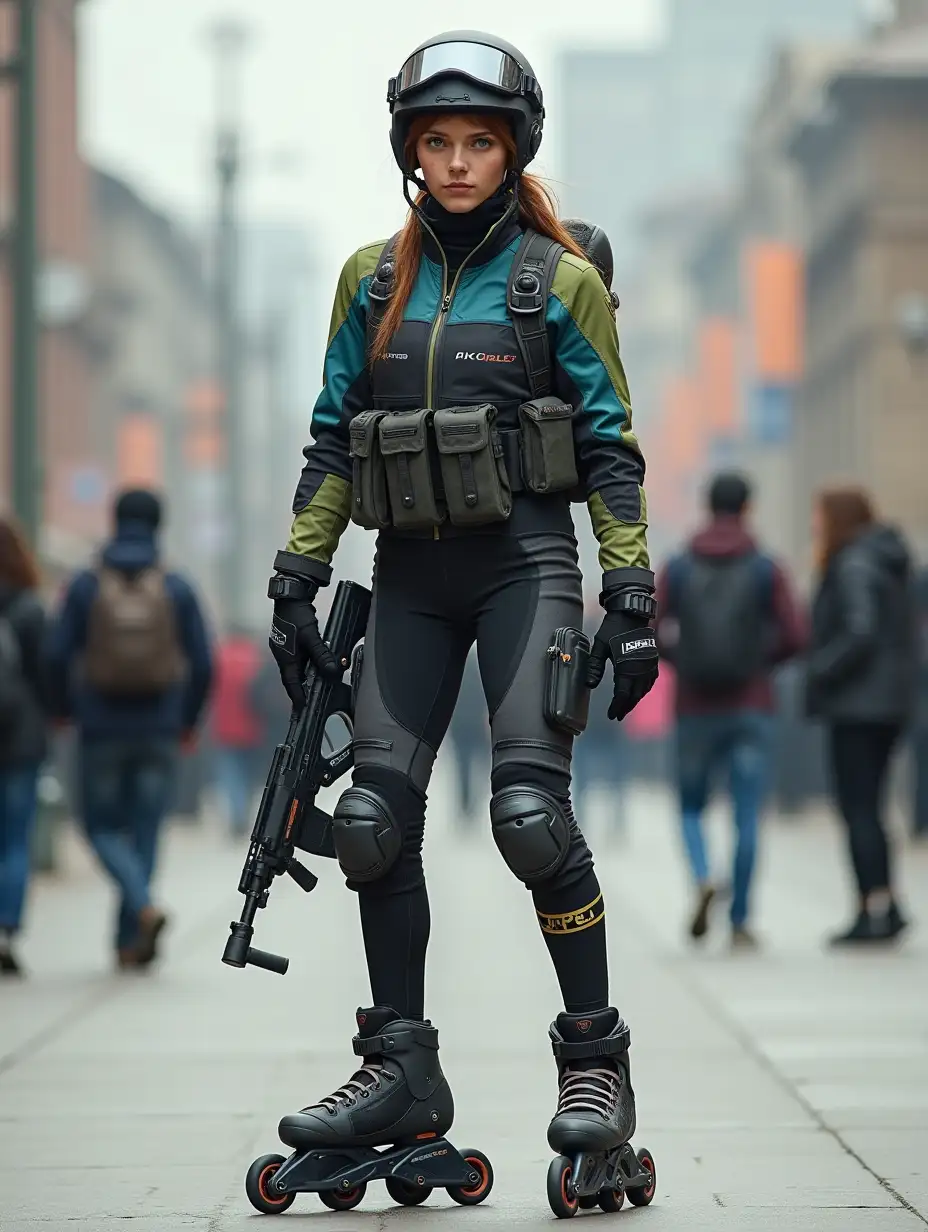 a 17 year old airsoft geared woman at a distance, she is skating on a street, holding a weapon, ordinary people in background, clothes have racing colors, she is wearing lots of functional sportswear, cycling gloves, airsoft helmet with transparent visor over eyes, smartwatch, thick plastic knee pads, modern inline skates with complete organized wheels