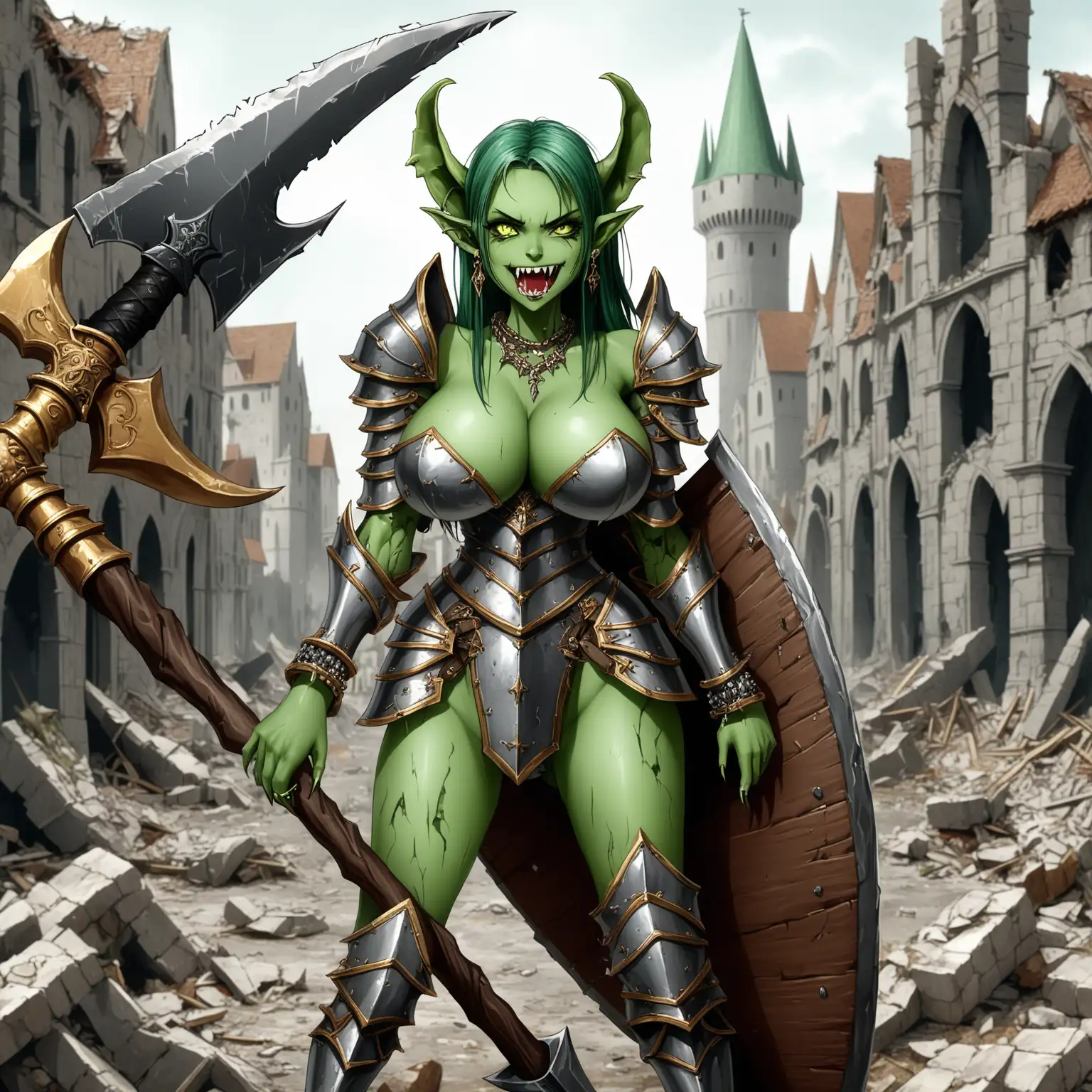 Fantasy-Warrior-Woman-in-Medieval-City-Ruins-with-Axe-and-Armor