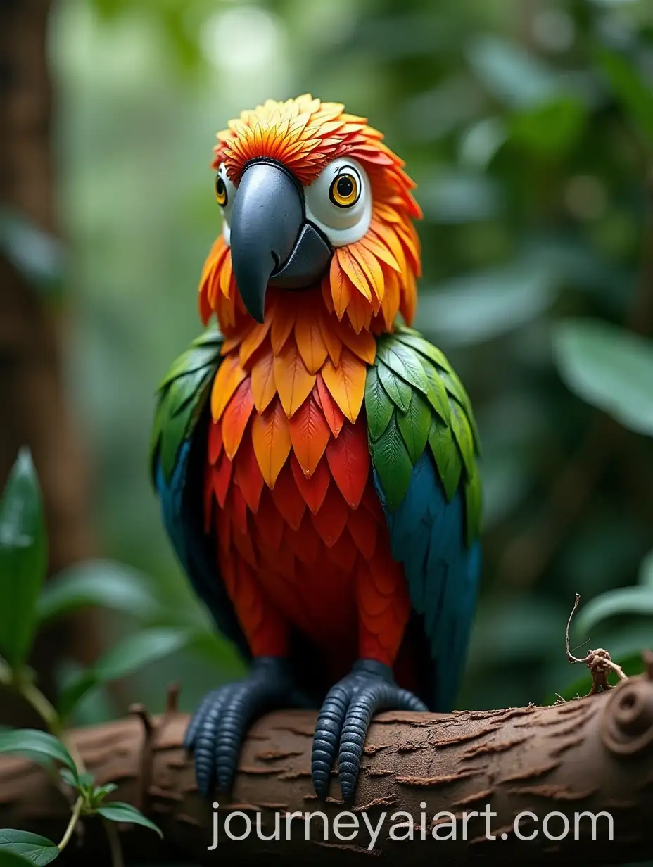 Vibrant-Parrot-Figure-with-Tropical-Leaf-Feathers-on-a-Jungle-Branch