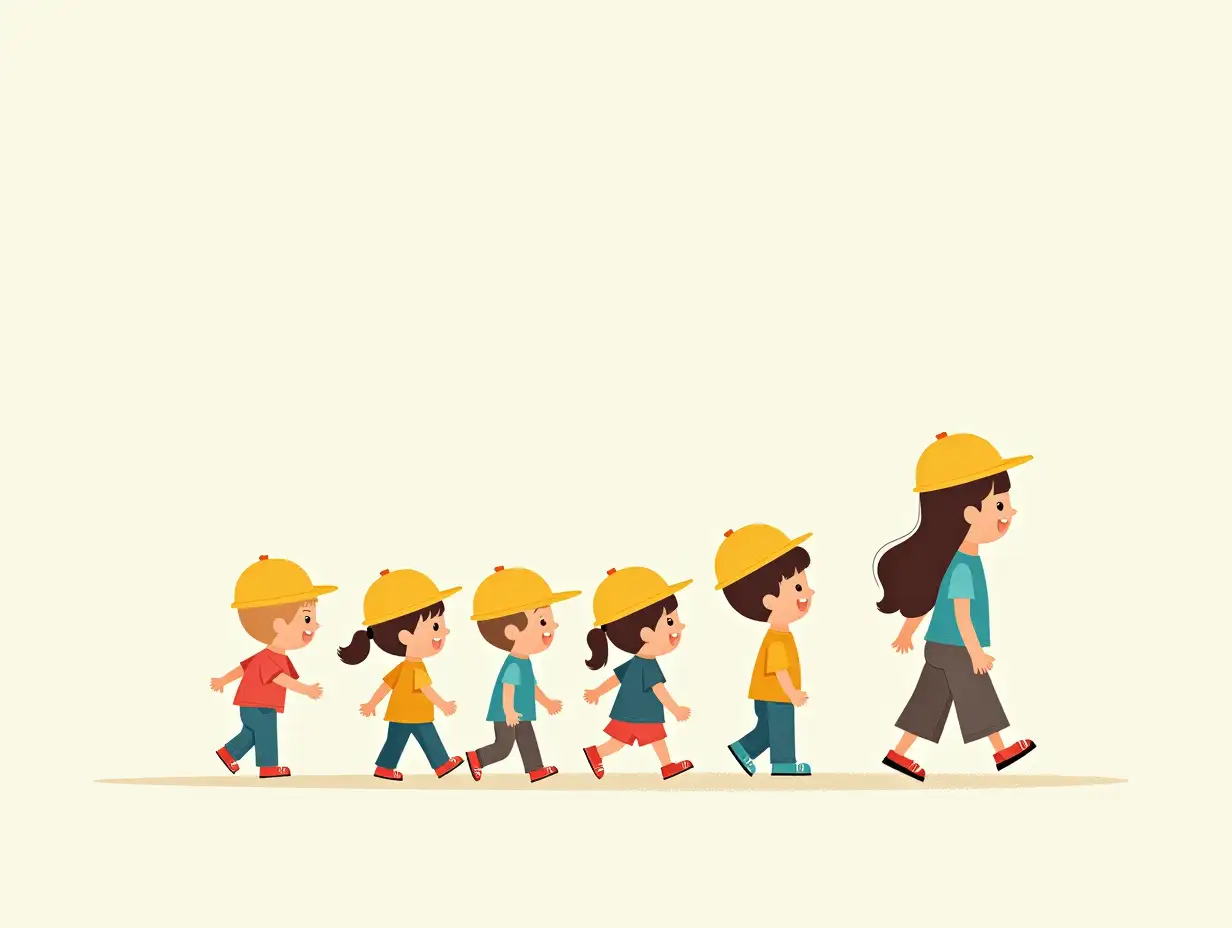 a cute illustration of kindergarten toddlers following their teacher in line. the kids are wearing yellow hats.