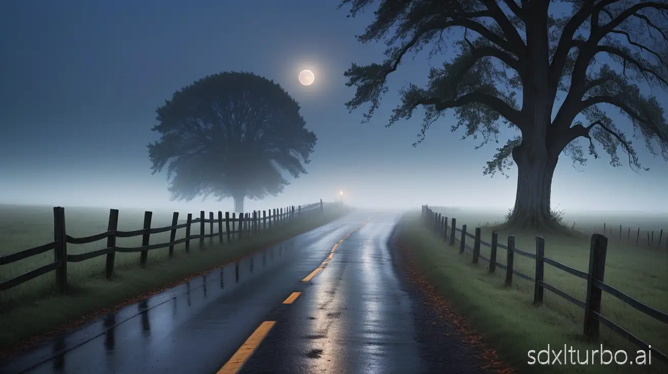 a lonely country road at blue hour, damp asphalt, crooked wooden fence, distant tree line, one weathered road sign half turned, faint mist hugging the ground, no people, desaturated tones, gentle backlight from a hidden moon, long leading lines into darkness. photorealistic, 8k, DSLR photo, 35mm lens, f/1.8, ISO 800, 1/50s, film grain