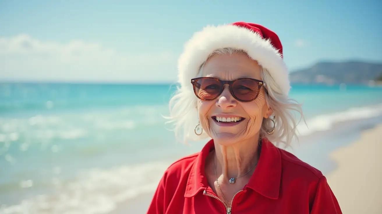 Grandmother-Wearing-Santa-Claus-Outfit-Relaxing-on-a-Beach