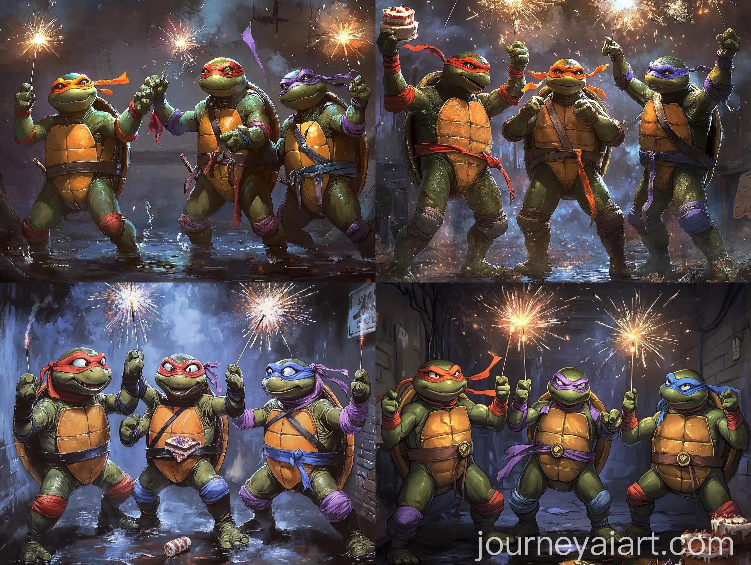 Four-Ninja-Turtles-Celebrating-in-Sewer-with-Fireworks-and-Cake