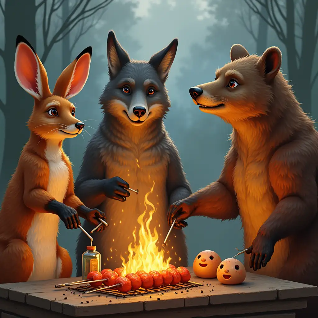 Animal-Characters-Grilling-Shashlik-and-Drinking-Vodka-in-a-Forest-Setting