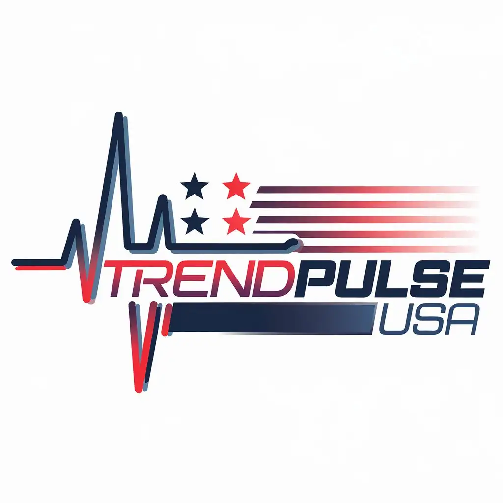 the logo should capture the essence of trending and exciting events in America. Envision a sleek, modern design featuring a dynamic pulse line or heartbeat graphic to symbolize the constant flow of trends. Incorporate elements like stars or stripes to reflect the American theme. Use bold, contemporary fonts for the channel name 'TrendPulse USA,' with vibrant colors like red, blue, and white to emphasize energy and excitement. The logo should be eye-catching and convey a sense of up-to-date, thrilling content.