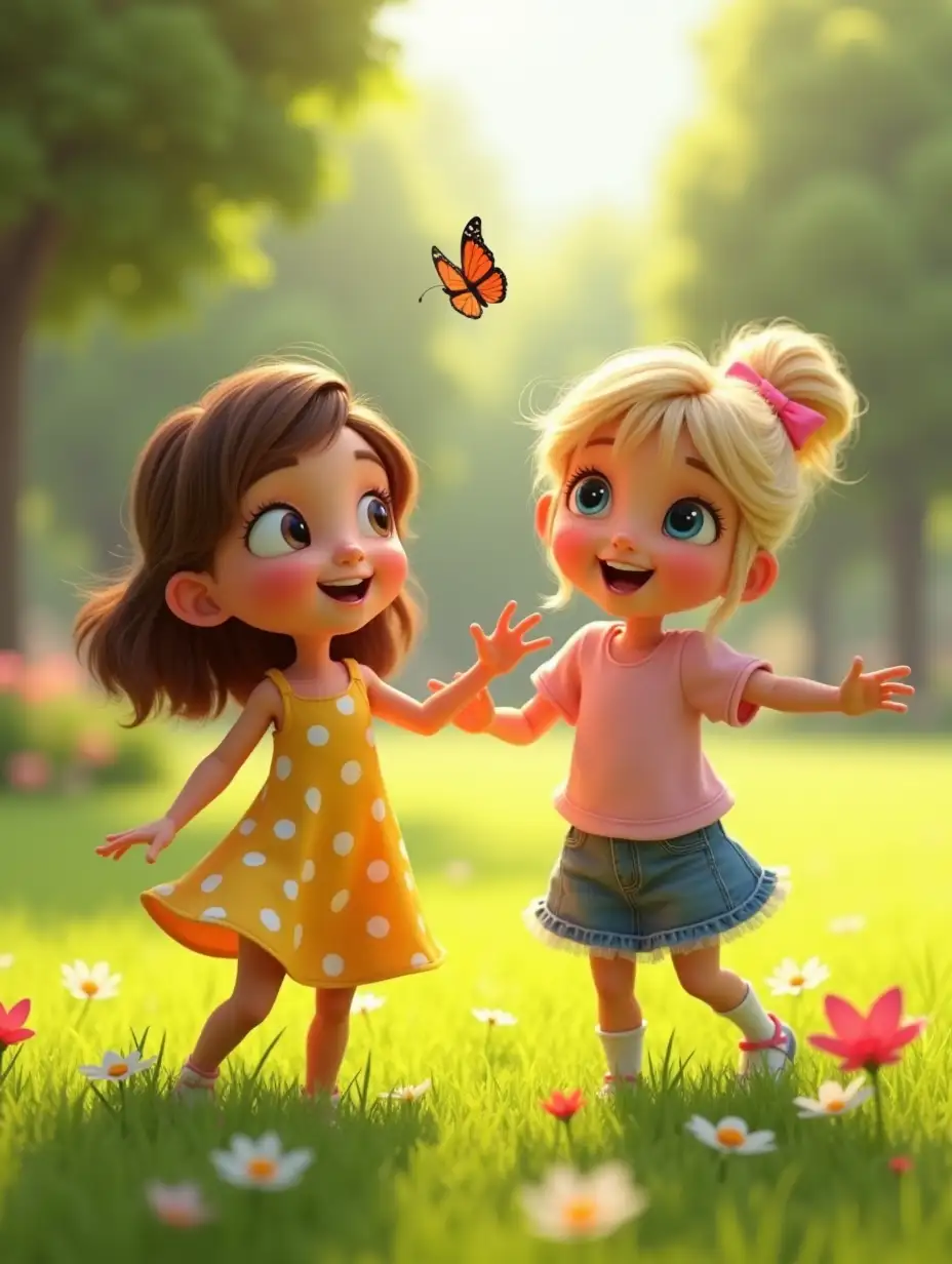 Two young girls are playing joyfully in a lush, sunlit park during the day, rendered in a Pixar 3D animation style. The 8-year-old girl has light brown, shoulder-length hair that’s slightly wavy, warm hazel eyes, and is wearing a simple yellow sundress with white polka dots. She looks curious and energetic, reaching out toward a colorful butterfly. Beside her, the 9-year-old girl has blonde, straight hair neatly tied into a ponytail with a pink ribbon, her bright blue eyes sparkling with excitement. She is wearing a pastel pink shirt paired with a denim skirt, holding a small red kite. The scene features vibrant green grass, colorful flowers, and soft lighting that creates a cinematic and heartwarming atmosphere. Subtle details on their faces capture their youthful wonder and delight.