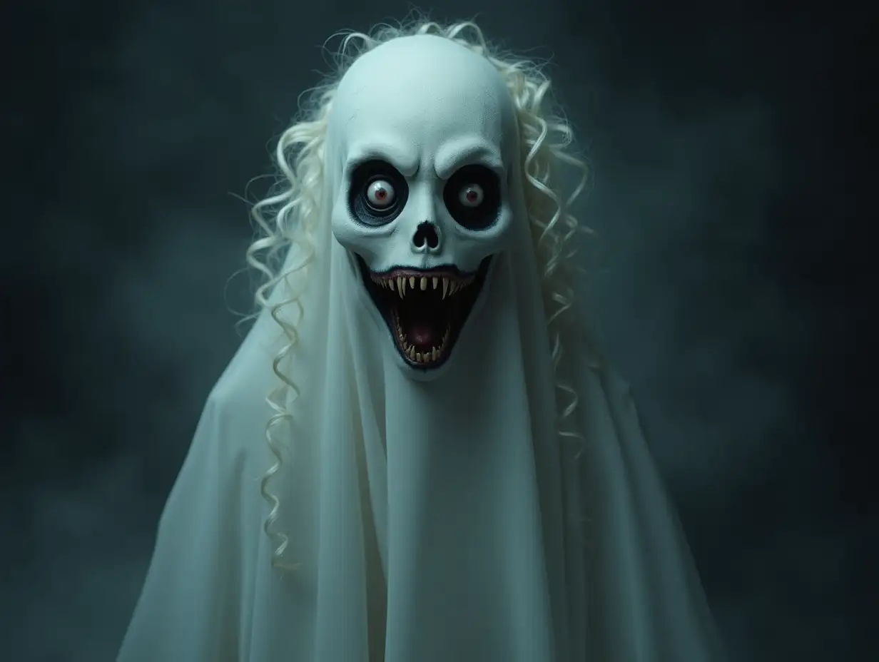 A real ghost with a scary and frightening face and it has curls