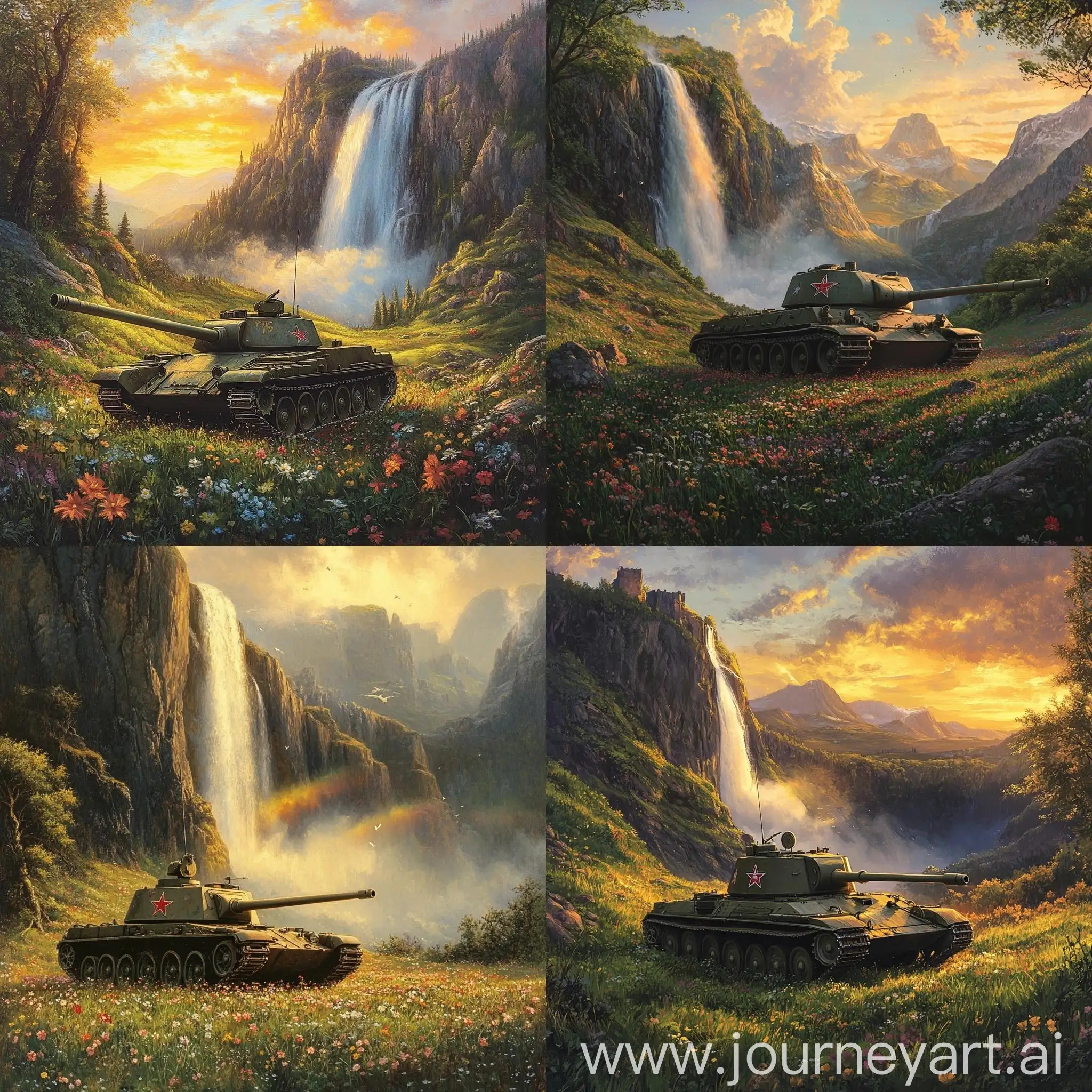 Legendary-T34-Tank-in-a-Serene-Green-Field-with-Waterfall-and-Sunset