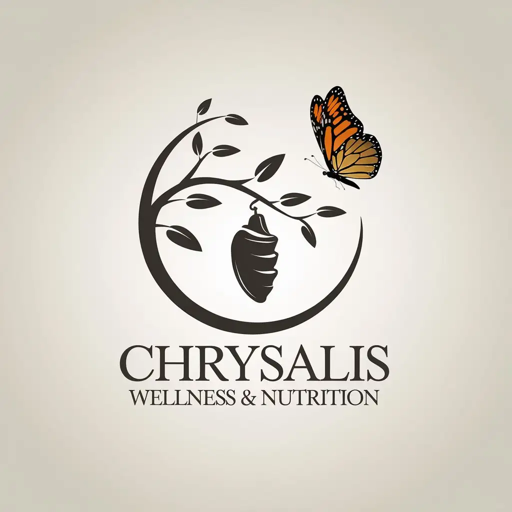 LOGO Design for Chrysalis Wellness Nutrition Minimalistic Vector with Circled Branch and Butterfly Symbol