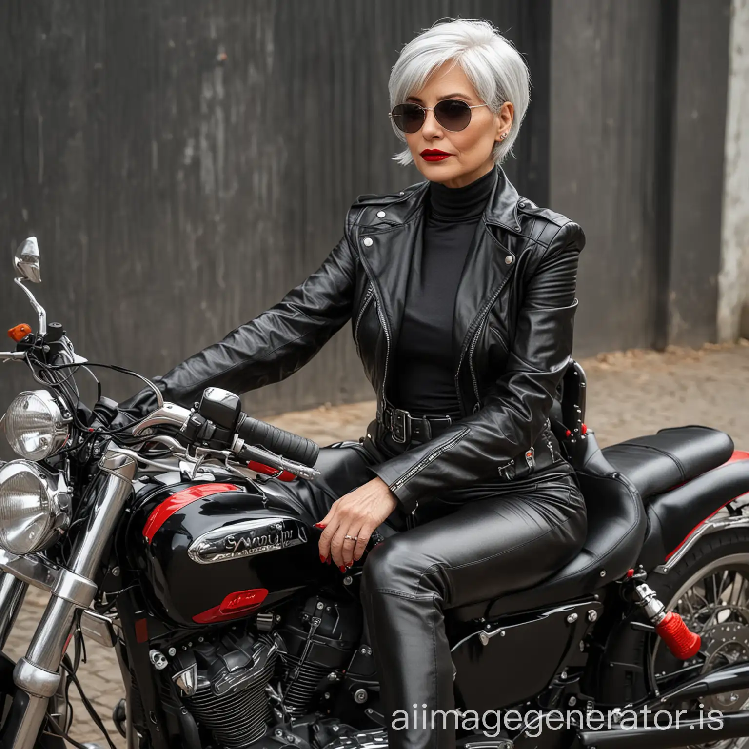 Mature lady with silver bobcut hair in total black leather outfit, red lips and nails, sitting on a powerful motorbike with black leather saddle