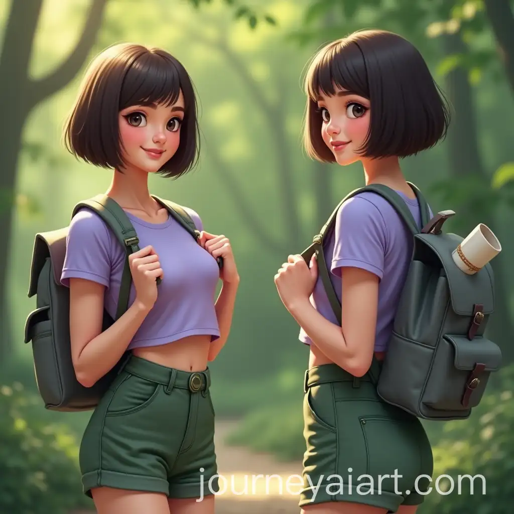 YoungAI-Image-Prompt-Expansion-Woman-with-Bob-Haircut-in-Forest-with-Backpack-and-Scroll