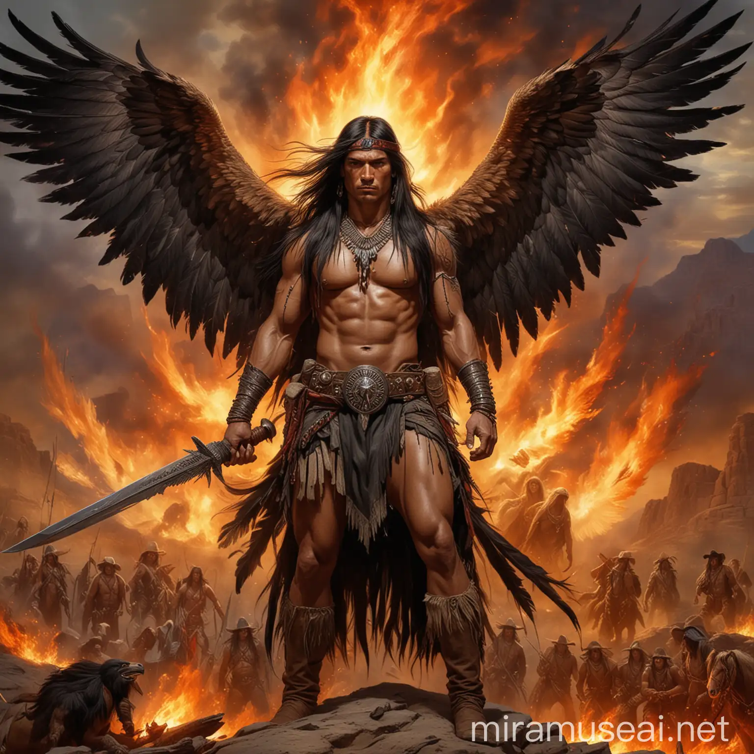Apache Warrior with Majestic Wings in Fiery Battle