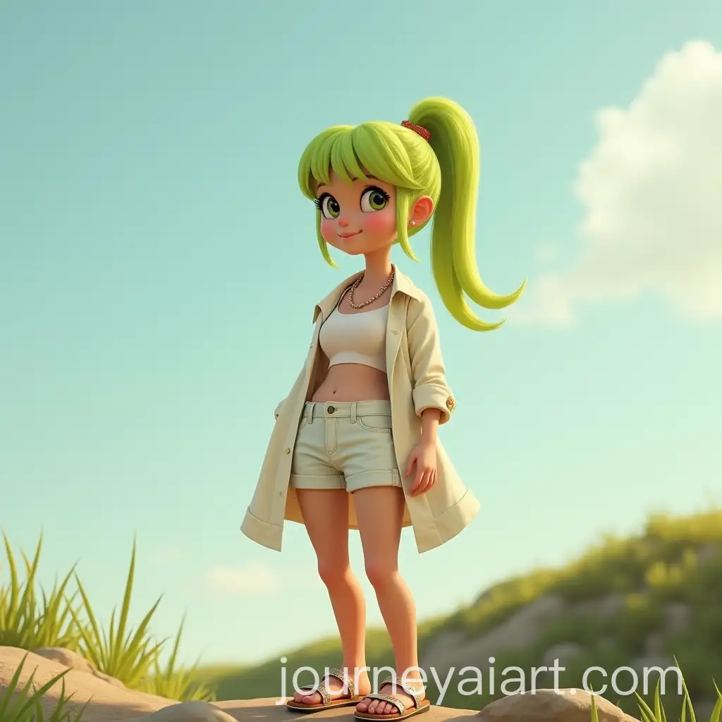 Caucasian-Woman-with-LimeGreen-Hair-Standing-on-a-Hill-in-Summer-Outfit