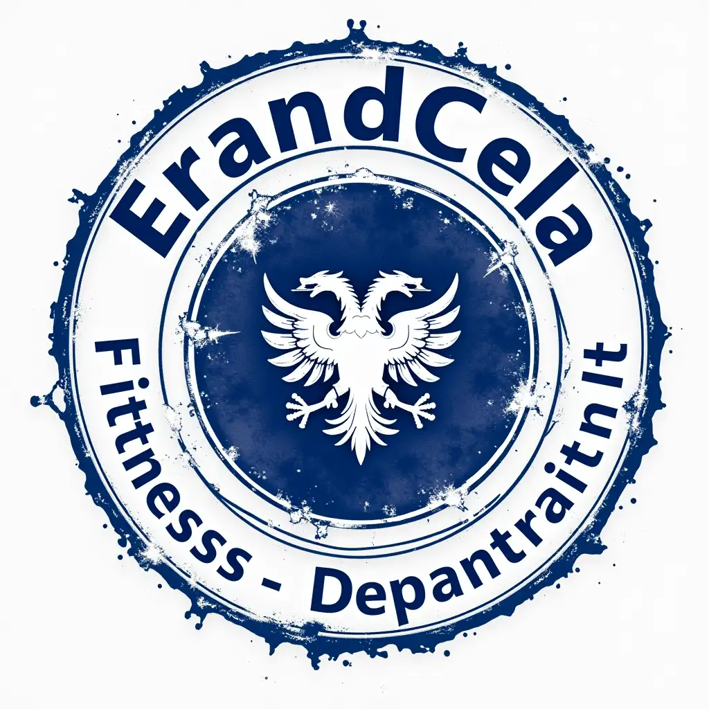 Create a round seal in the style typically used in state documents. It has a circular text in the outer part that displays the name of the institution or department and an emblem in the center which is the Albanian flag. The seal has a blue electric color and the inscription 'Erandcela' is placed at the top or bottom part. The text 'Erand Cela' 'Fitness Trainer' is engraved on the outer edge of the seal, maintaining an official and authentic image.