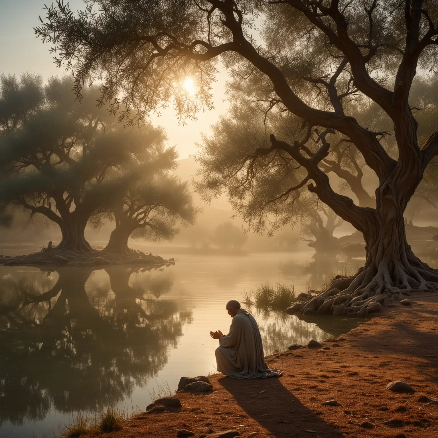 A serene, vast landscape at dawn with the first light of day breaking over a tranquil lake. In the foreground, a lone figure kneels in prayer, hands raised towards the heavens, under a canopy of ancient olive trees. The scene captures the quiet plea to the divine, with soft light casting gentle shadows, and the calm water mirroring the sky's early morning hues. Captured with a super wide lens, large depth of field, coloring is rich and vivid, 8k resolution and composition.