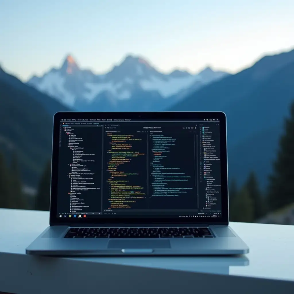 devops solutions on a laptop. Mountains in the background