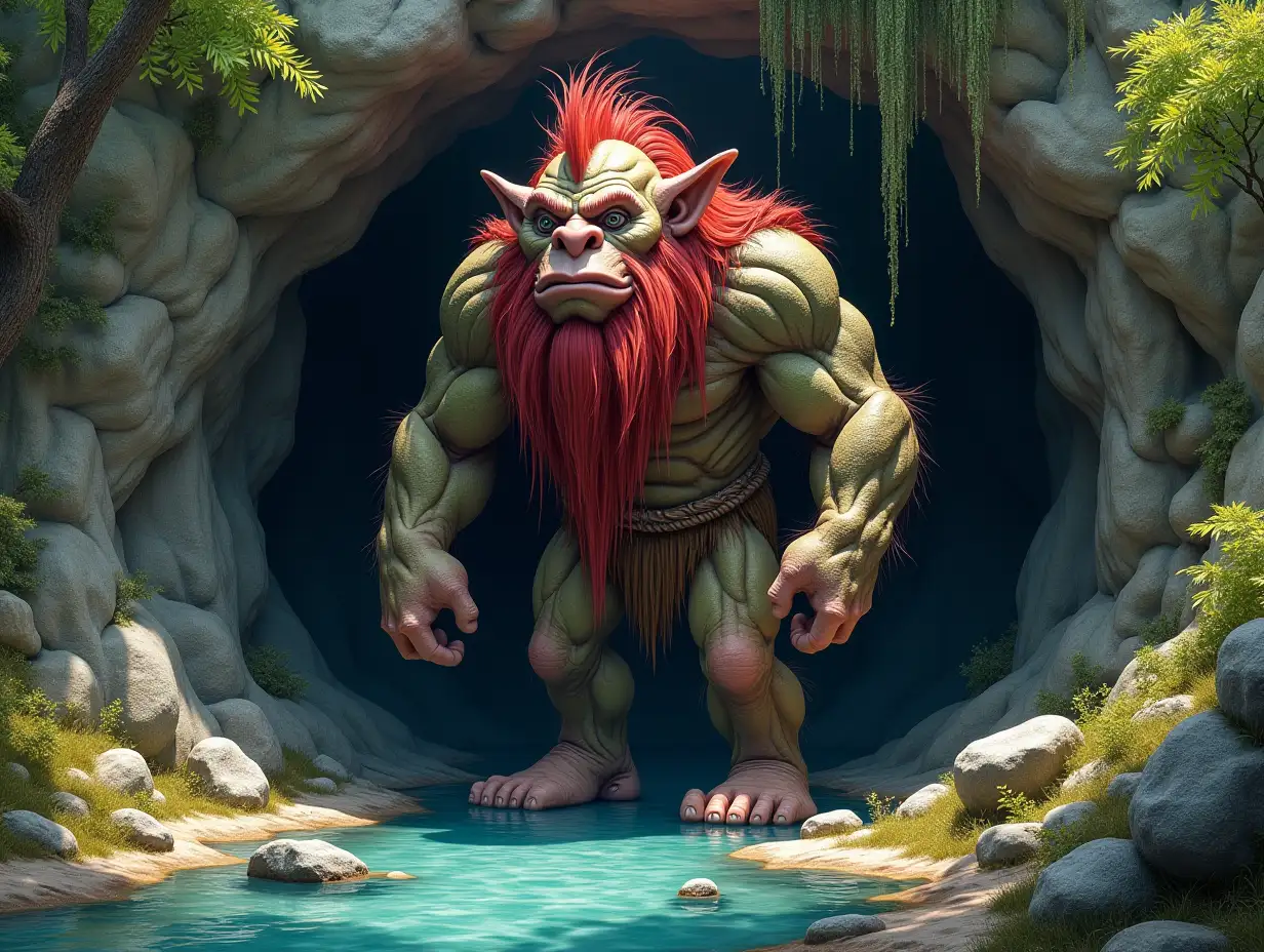 Ultradetailed hyperrealistic photorealistic 10 meter tall colorful troll in front of a cave entrance by a river with rocks and trees and hanging plants with impeccable attention to texture, surface and lighting, to give depth, dimension and a photorealistic appearance.