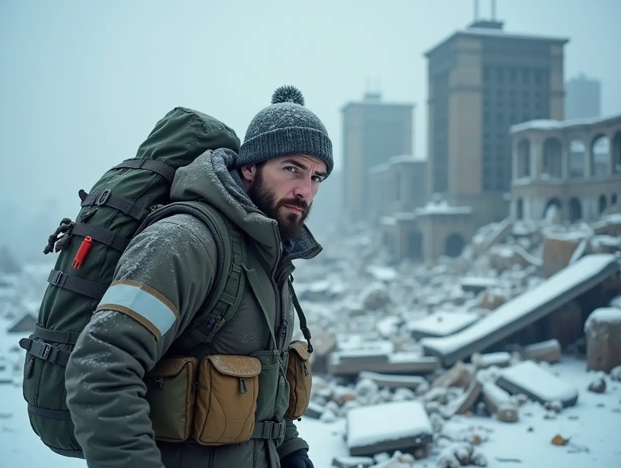 A bearded survivor in camouflage and a backpack sneaks through heavily damaged ruins of a frozen city. A reflective band is worn on the sleeves of the survivor's clothing. Photorealism.