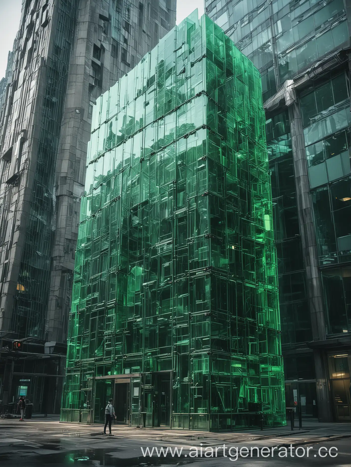 Entry-into-the-Green-Glass-Skyscraper-of-a-Large-IT-Company-in-Cyberpunk-Style