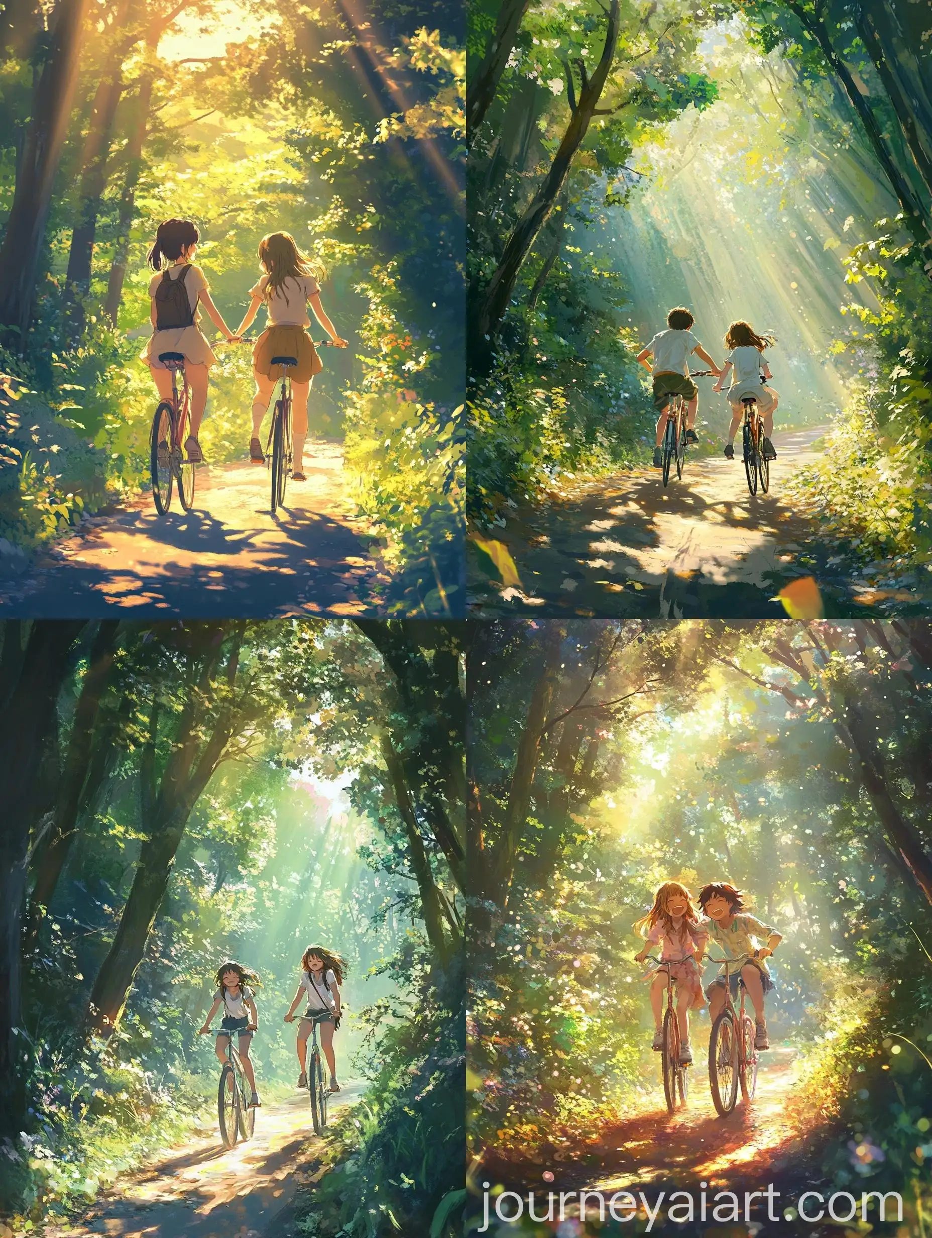 Anime-Friends-Cycling-in-Sunlit-Forest-Path