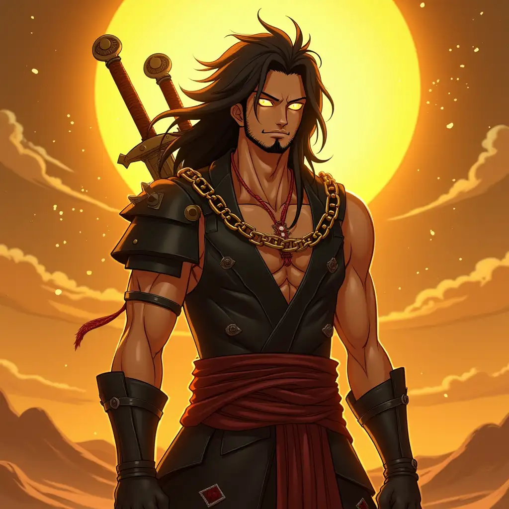 Warrior with Golden Aura in Desert Landscape