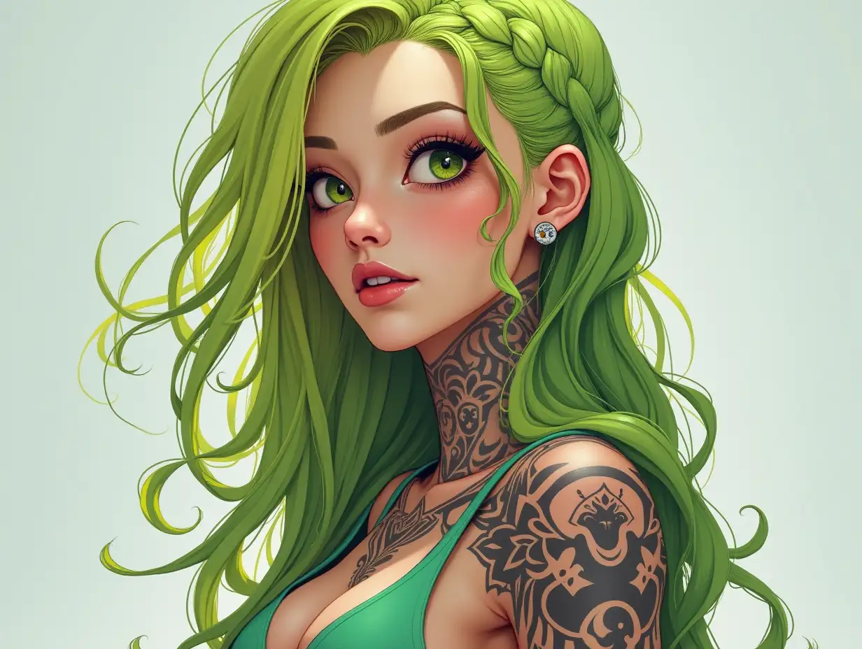 Depiction of a full body beautiful white woman with tattoo, long mixed green-yellow braided hair in a futuristic style