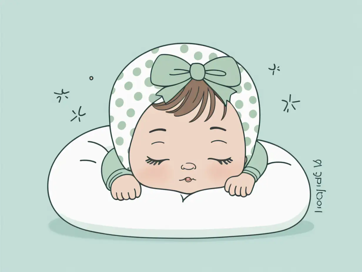 Create a minimalistic and adorable illustration of a baby peacefully sleeping on a soft pillow. The baby is wearing a green polka-dotted onesie and has a matching green bow on their head. The background is a light pastel blue, evoking a calm and soothing atmosphere. The style should be clean and simple, with soft lines and warm, comforting tones, perfect for a baby lullaby or relaxation theme.