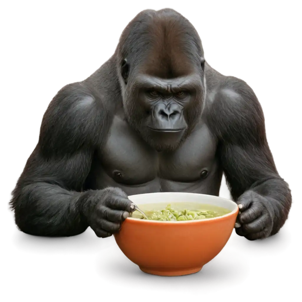 A gorilla eating soup at sunset