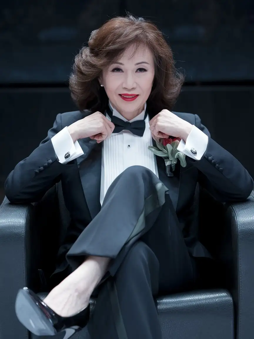 A sexy and smiling and laughing and 50 years old Chinese woman with peppered shoulder length hair and bright red lipstick wearing a tuxedo with a corsage and black tuxedo pants and a black bowtie and a black cummerbund, seated alone in a dark room.  Her tuxedo pants are black.  She is facing forward and looking at the viewer and she is smiling.  Her white shirt has double french cuffs with big black cufflinks. She is adjusting her bowtie.  Her high heels are black and shiny.  She is smiling.  Her eyes are open.