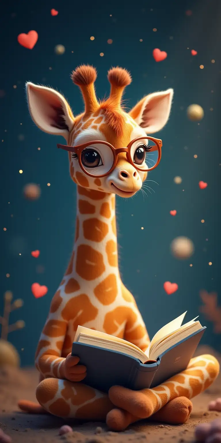 Adorable Baby Giraffe with Glasses Surrounded by Hearts in Space Reading a Book