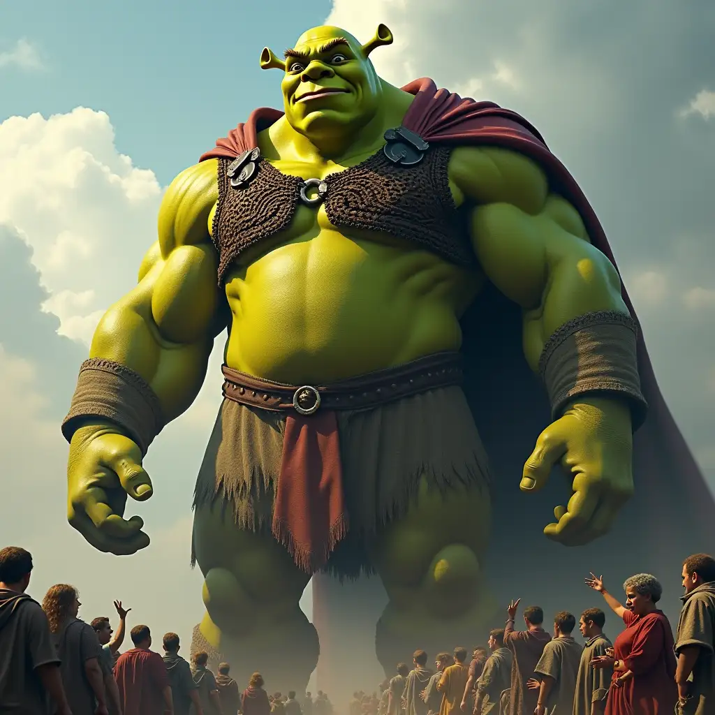 titan supermannmit shrek head big muscles,10 meters tall with cloak,many people