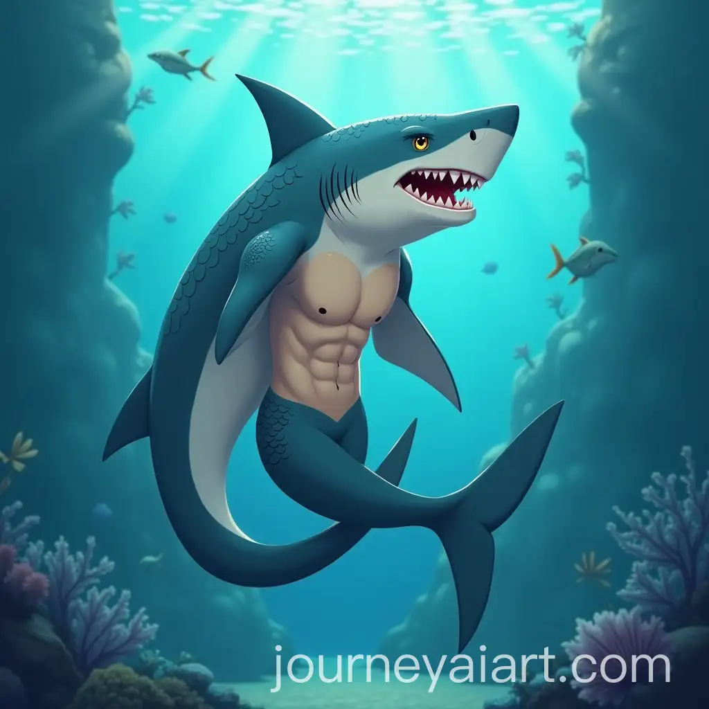 Cartoon-Male-Merman-with-Shark-Features-in-an-Aquarium-Setting