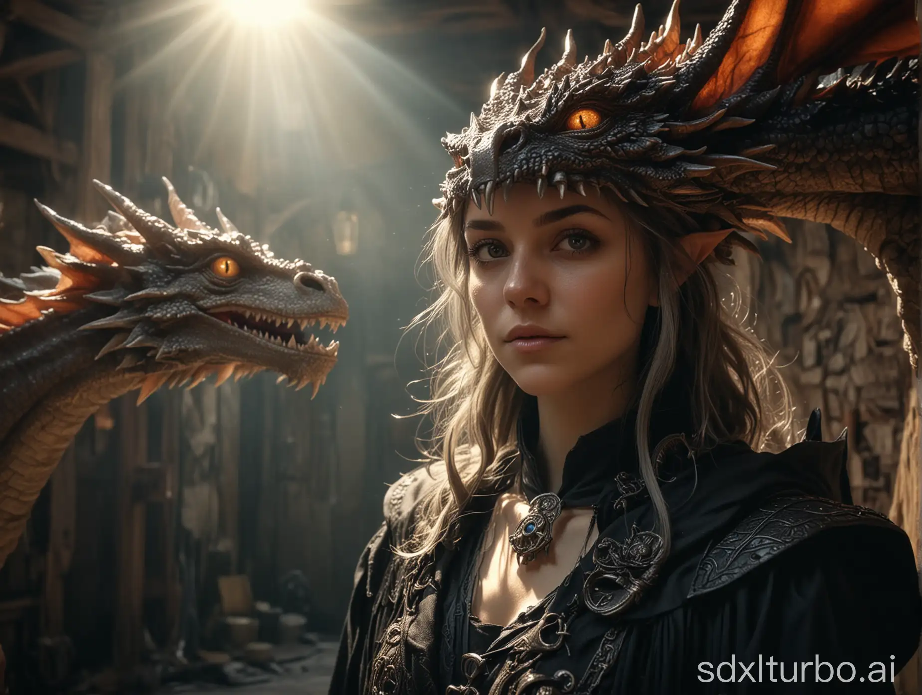 Female-Wizard-Posing-with-Dragon-in-Lovecraft-Style