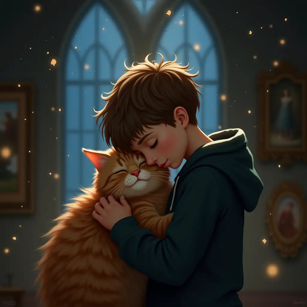 A young boy with soft brown hair and fair skin, wearing a dark hoodie, gently embraces an orange tabby cat. His eyes are closed as he presses his forehead against the cat’s, sharing a deep, emotional bond. The cat, with its soft fur and relaxed expression, lovingly places its paws on the boy’s shoulder. The setting is a dimly lit, enchanted interior with tall arched windows in the background, allowing soft, diffused blue light to filter in. Framed paintings hang on the walls, adding a classical, mysterious atmosphere. Warm golden particles float in the air, creating a dreamy, magical ambiance. The art style is highly detailed, semi-realistic, with soft lighting and a painterly touch, evoking a sense of warmth and intimacy