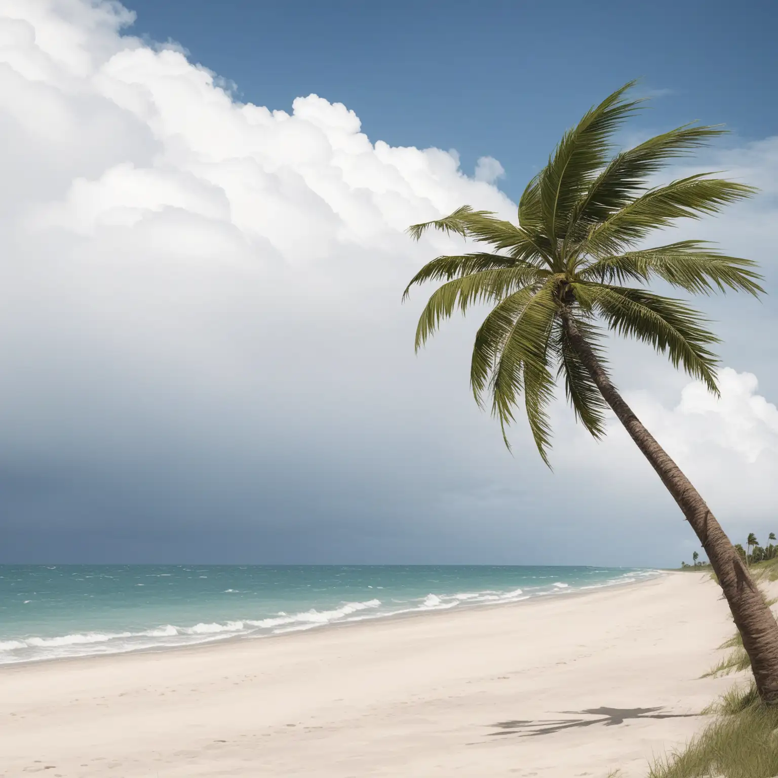 beach with one complete palm tree on a windy day