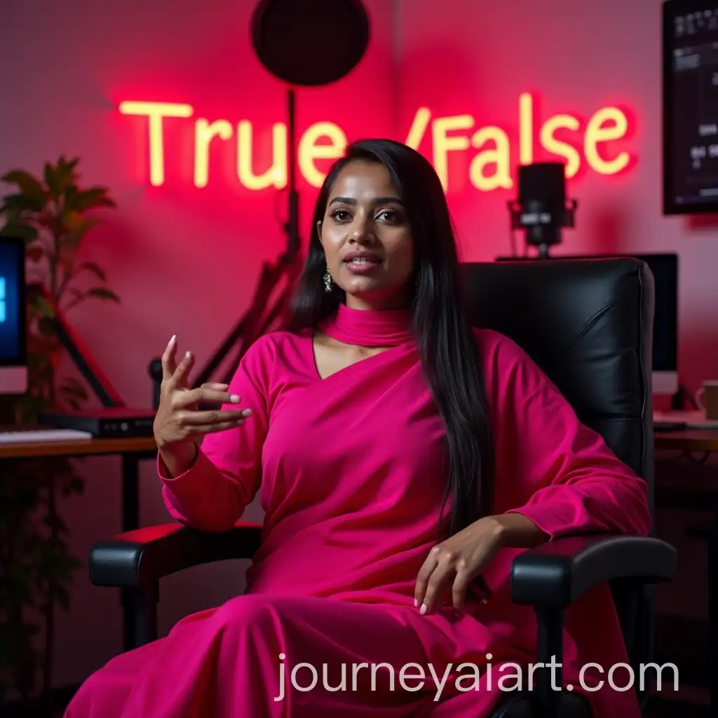 Young-Bangladeshi-Woman-in-Pink-Sari-Explaining-in-YouTube-Studio-with-Neon-Lights-and-Gadgets