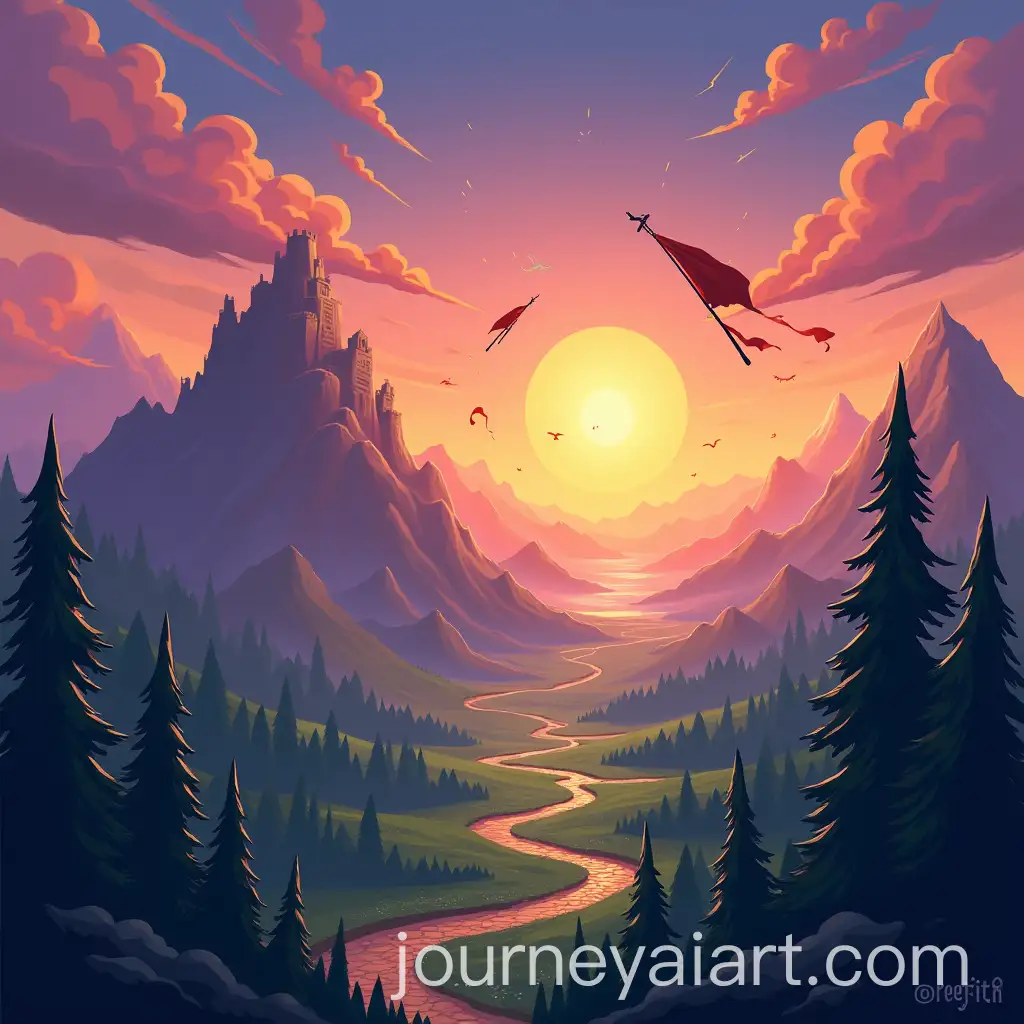 Fantasy-Epic-Landscape-with-Magical-Symbols-and-Flags-Against-a-Sunset