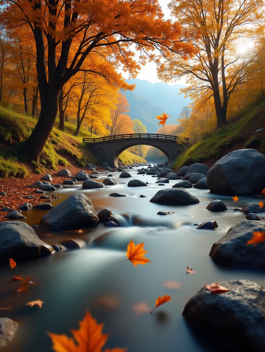 beautiful autumn nature with a large stream , trees hanging over the stream, leaves flying, big stones lie along the stream in the foreground Leaves close-up, swirling as they fall into the water. In the distance, you can see the outlines of mountains.