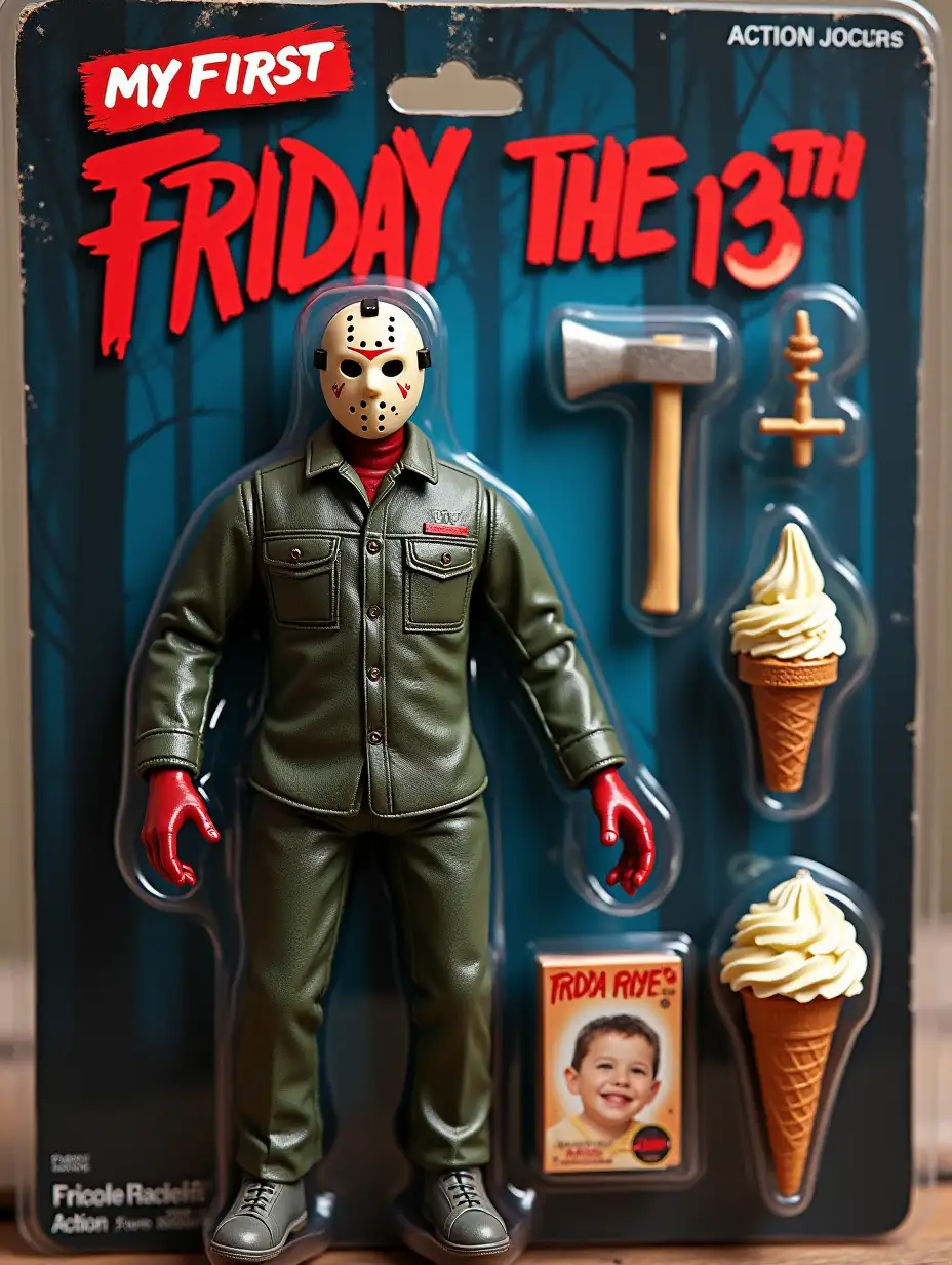 Create image. Create a toy of Jason Vorhees from the Friday the 13th movies. Let it be an action figure. Next to the figure, there should be the toy’s equipment, each in its individual blisters. 1) a book called “mY mUmMy” with a child's drawing of a boy and his mother holding hands on the cover. 2) an ice cream cone with whipped ice cream in it and a finger instead of a flake. 3) an axe. 4) a machete. Don’t repeat the equipment under any circumstances. The card holding the blister should be a dark blue with a night time forest background. Also, on top of the box, write ‘MY FIRST JASON’ and underneath it, ‘Action figure - 5yrs and older’. The figure and equipment must all be inside blisters. The packaging should look old and worn. Visualize this in a realistic way.