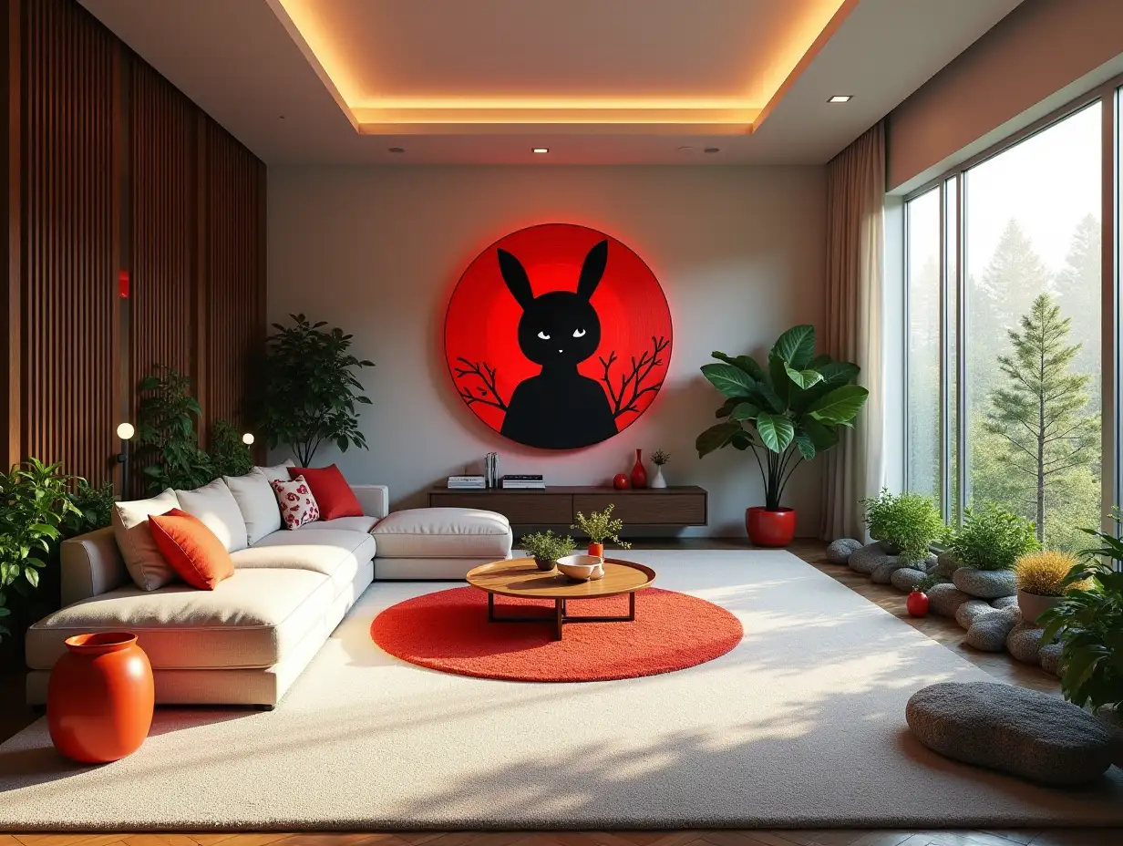 Large modern living room with Springbunny red, white carpet, lighting with furniture very many plants with Demon Slayer image on the wall Zen-Garden with carefully tended rocks, a meditative 180 degree shot 8K resolution Colorful