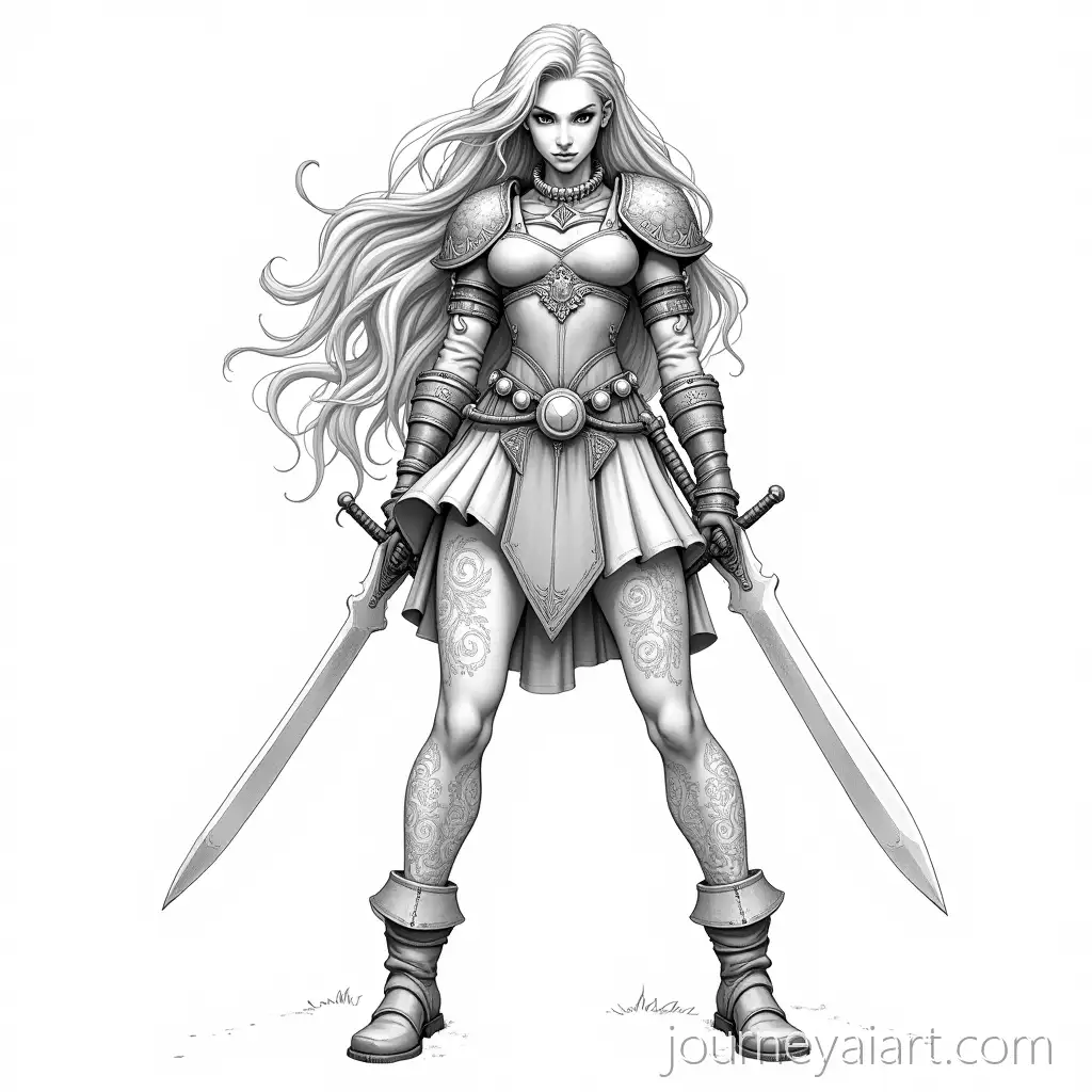 Fierce-Female-Warrior-in-Ornate-Armor-with-Dual-Swords-Black-and-White-Illustration