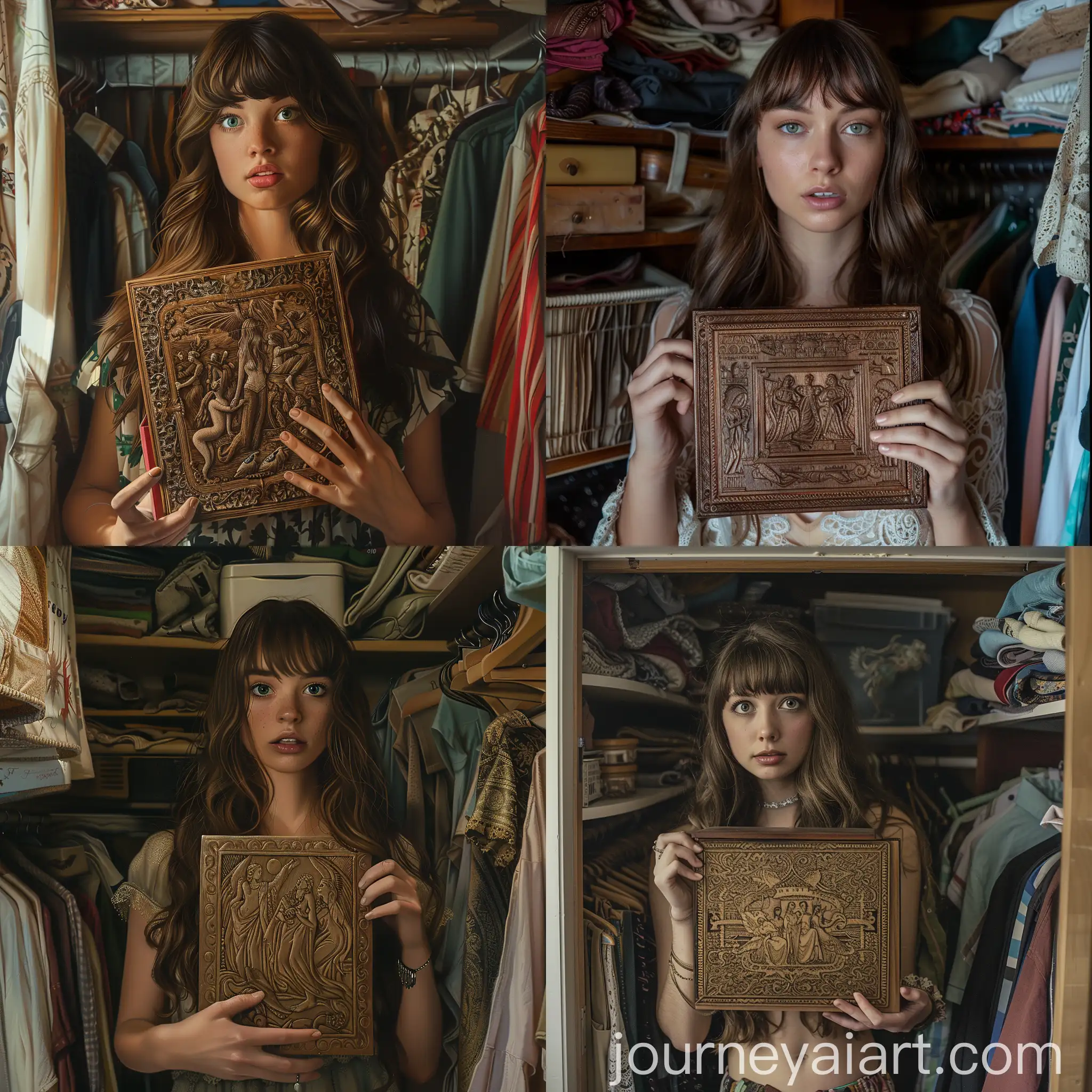Young-Woman-Holding-Intricately-Carved-Wooden-Box-in-Closet