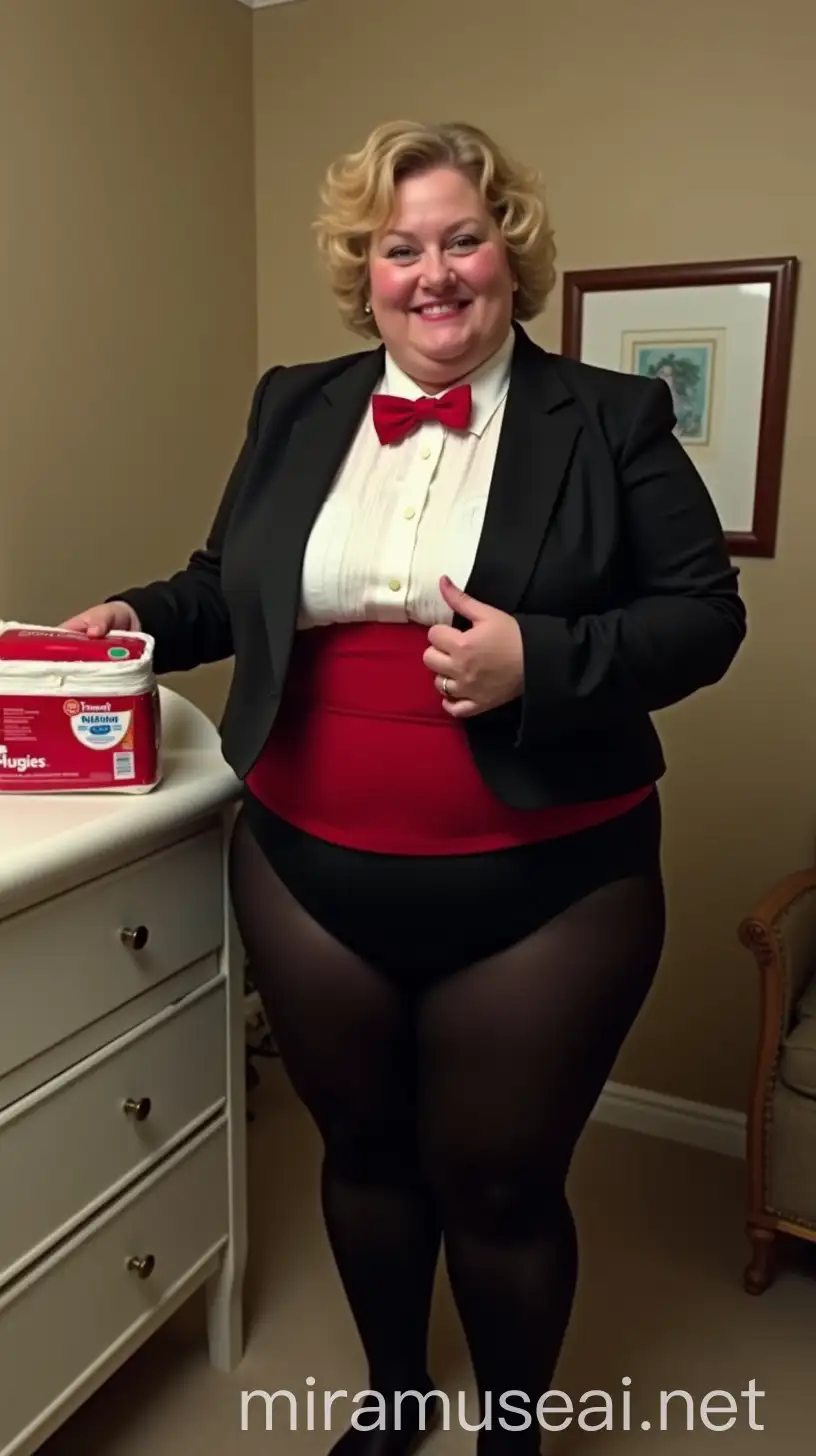 Joyful MiddleAged Woman in Formal Tuxedo Next to Changing Table