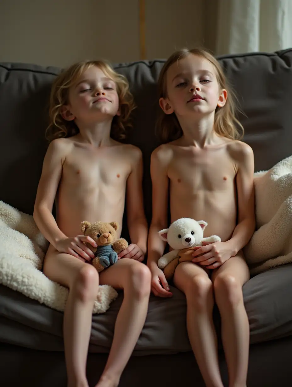 Two-Skinny-Little-Girls-Holding-Stuffed-Animals-on-Couch-in-Playroom