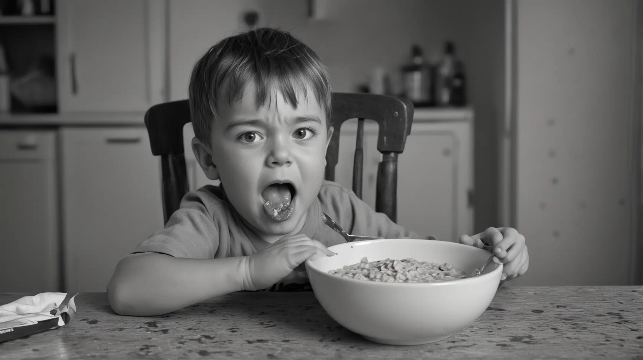 1950s Black and White Photo of a Bored Kid Eating Oatmeal