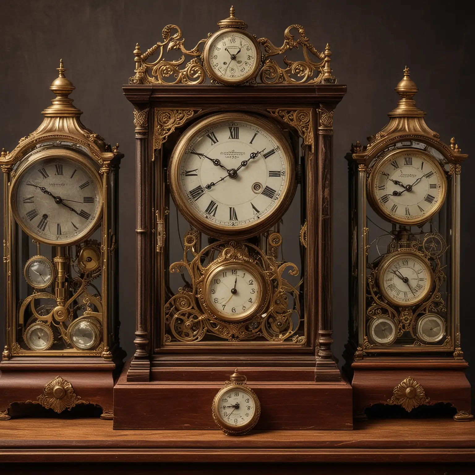 create an image of vintage clocks and watches in a showcase