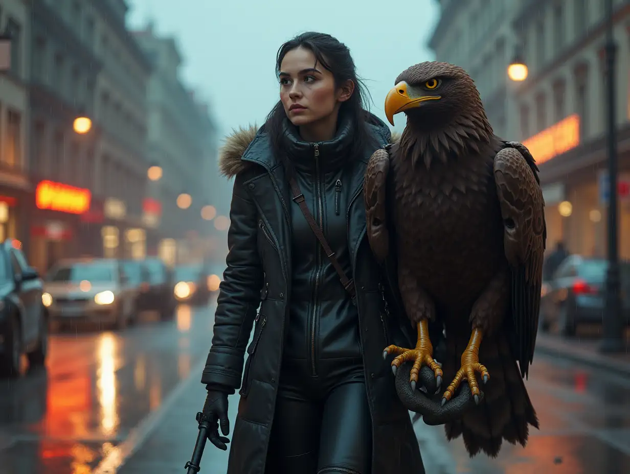 8k resolution, hyperrealistic image, masterpiece, ultra-detailed, a young woman in a dark, tactical-style coat walking with a large, anthropomorphic eagle through a rain-slicked German city street, Brandenburg Gate in the background, cinematic lighting, gritty atmosphere, photorealistic rendering, trending on artstation, unreal engine 5 quality.