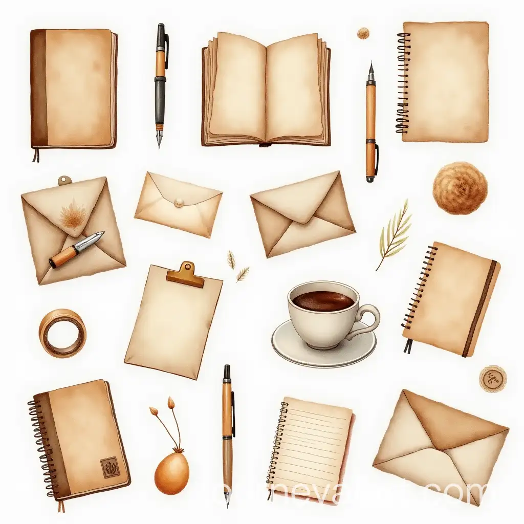 Watercolor-Stickers-Featuring-Journals-and-Stationery-Elements-in-Beige-and-Brown-Tones
